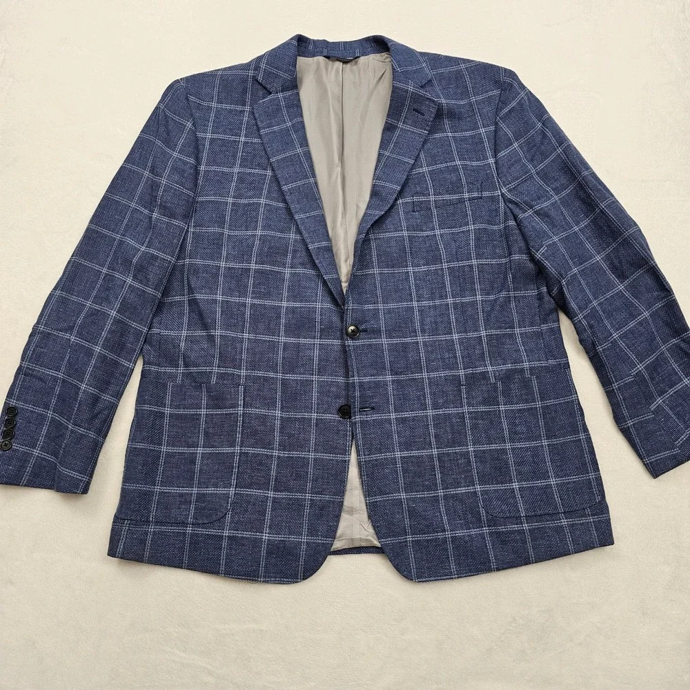 Brooks Brothers Sport Coat Mens 48R Blue Linen Cotton Windowpane Regent Blazer